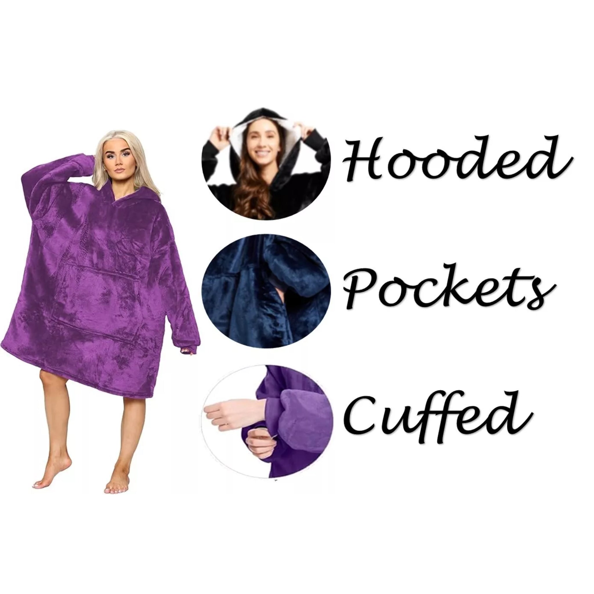 Ladies unisex oversized hoodie blanket snood snoodie in black, navy, grey, purple and pink – soft fleece wearable blanket with hood and large pocket, cozy warm loungewear.